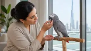 African grey parrot during a calm professional mobile grooming assessment in Dubai.