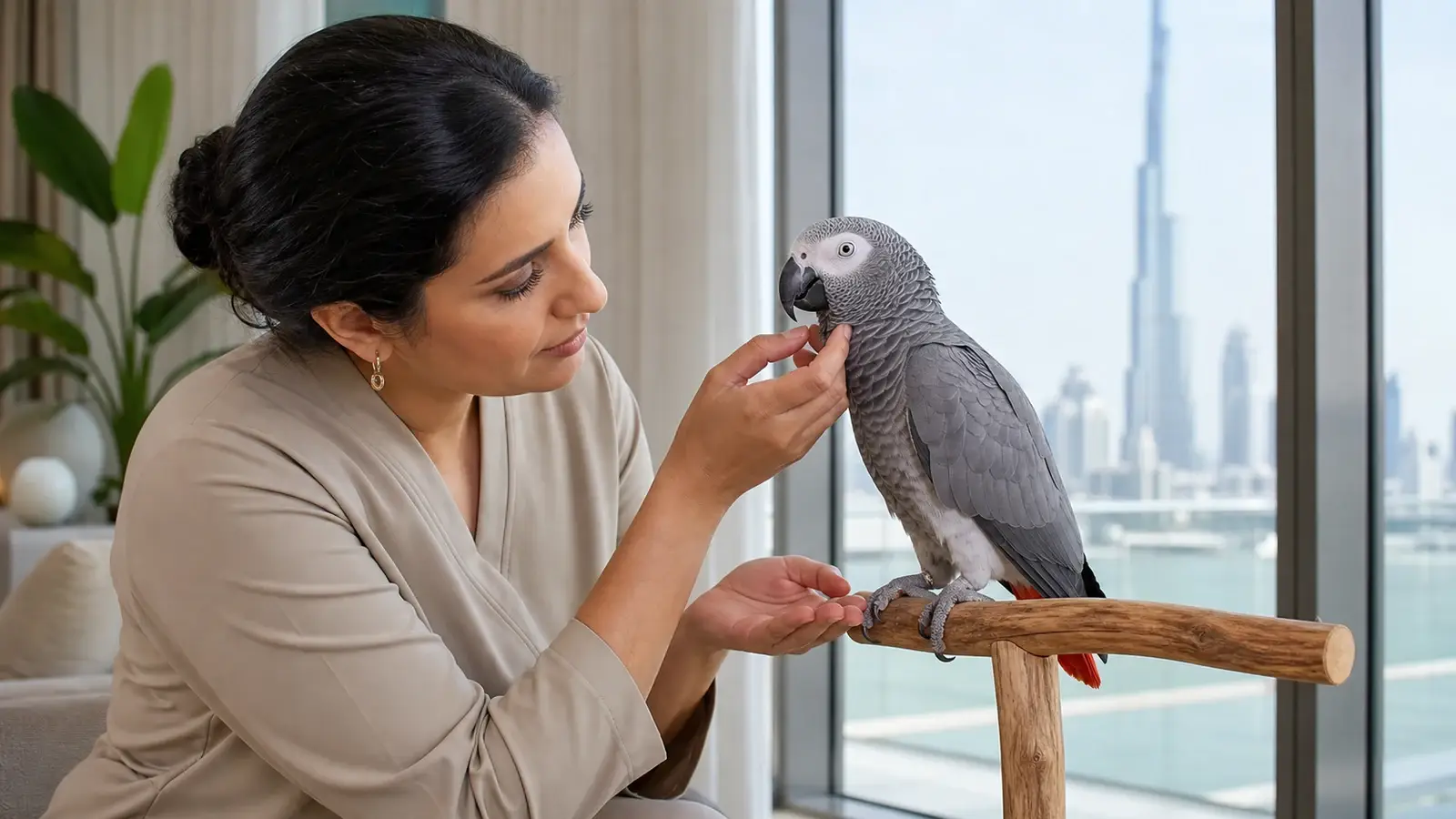 African grey parrot during a calm professional mobile grooming assessment in Dubai.
