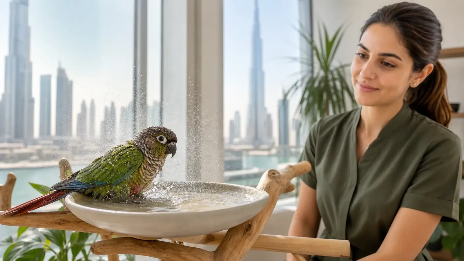 Pet bird during a calm professional mobile grooming assessment in Dubai.