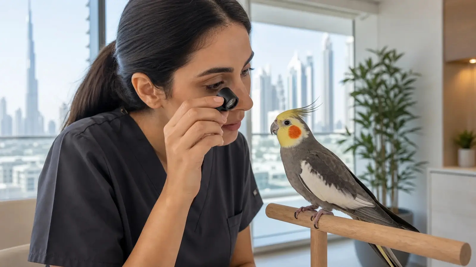 Pet bird during a calm professional mobile grooming assessment in Dubai.