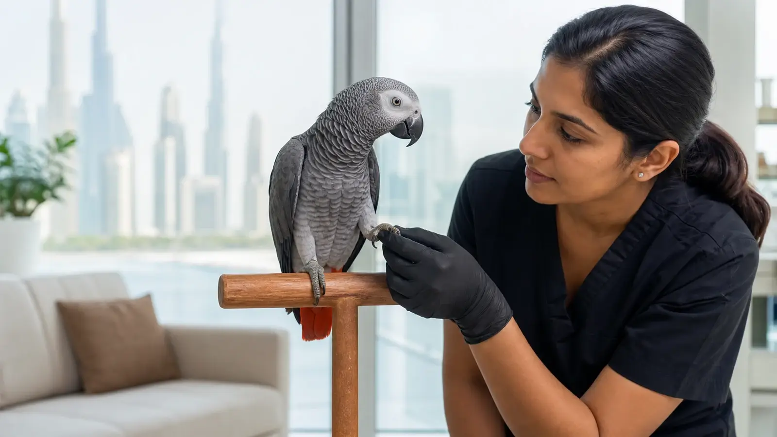 Pet bird during a calm professional mobile grooming assessment in Dubai.