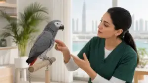 Pet bird during a calm professional mobile grooming assessment in Dubai.