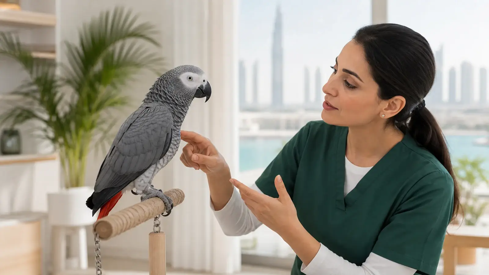 Pet bird during a calm professional mobile grooming assessment in Dubai.