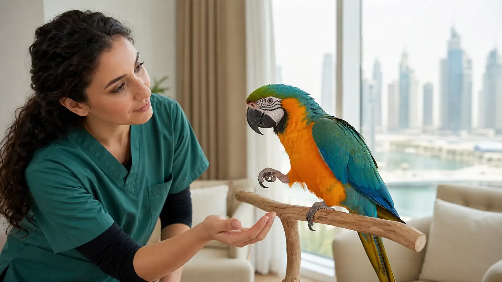 Pet bird during a calm professional mobile grooming assessment in Dubai.