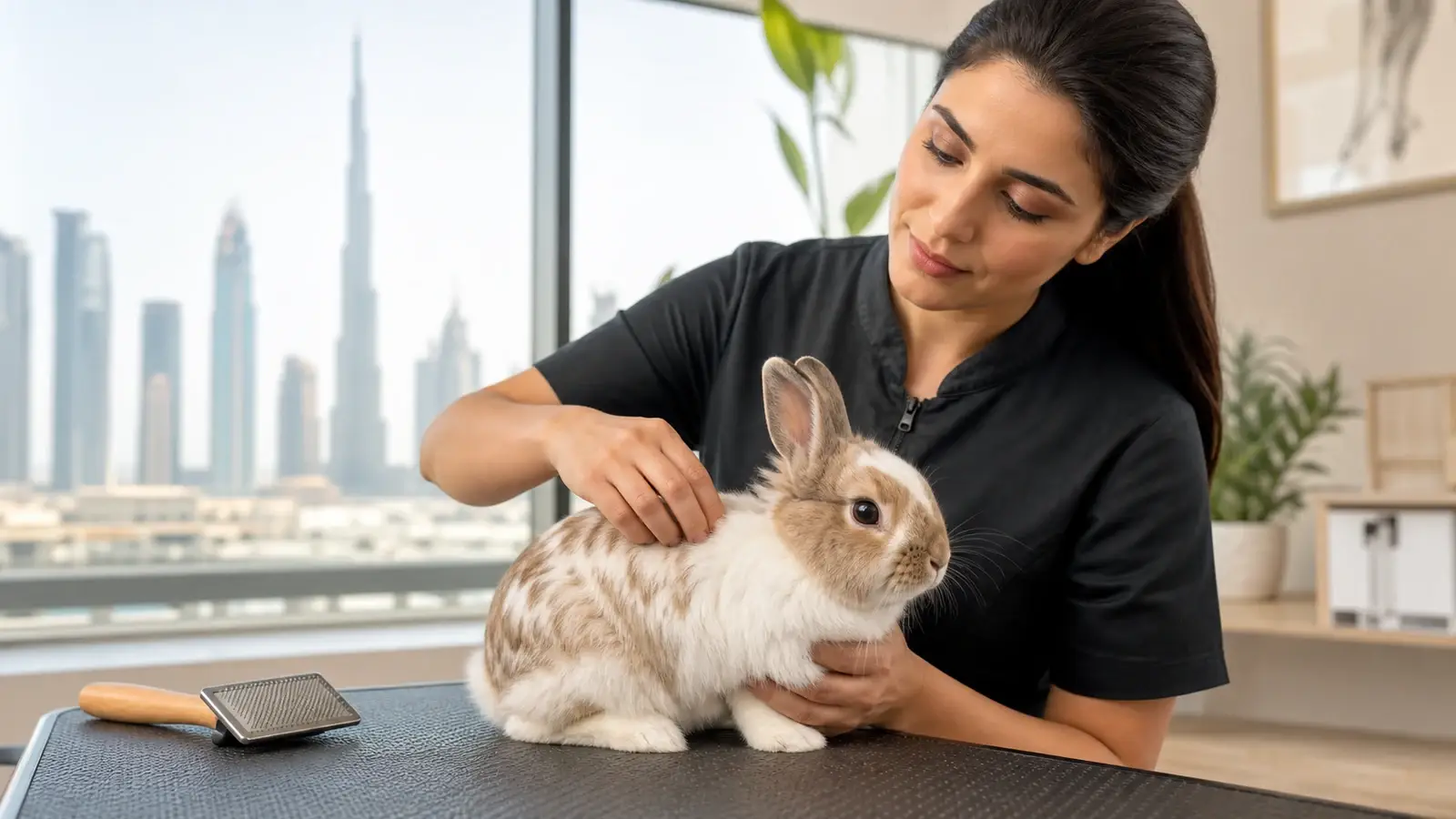 Rabbit during a calm professional mobile grooming assessment in Dubai.