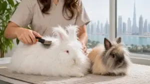 Long-haired rabbit during a calm professional mobile grooming assessment in Dubai.