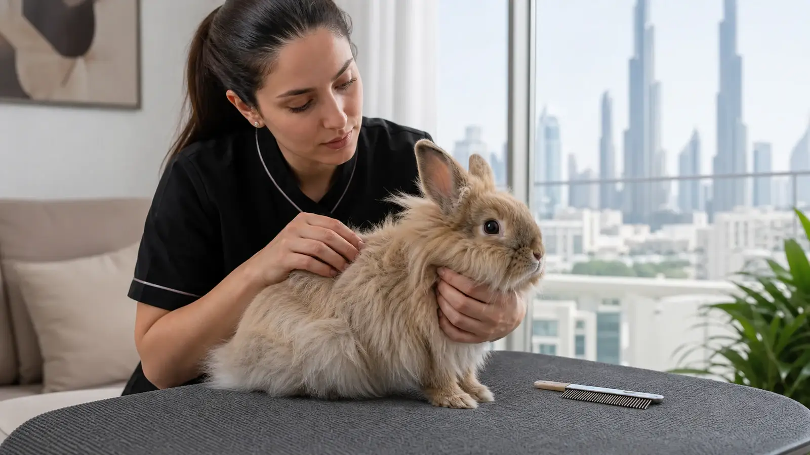 Rabbit during a calm professional mobile grooming assessment in Dubai.