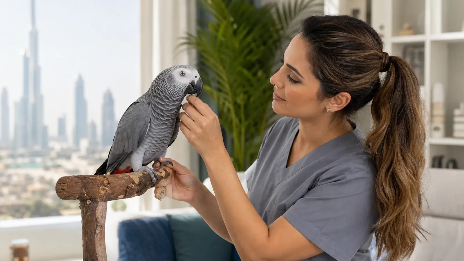 Pet bird during a calm professional mobile grooming assessment in Dubai.