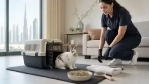 Rabbit during a calm professional mobile grooming assessment in Dubai.