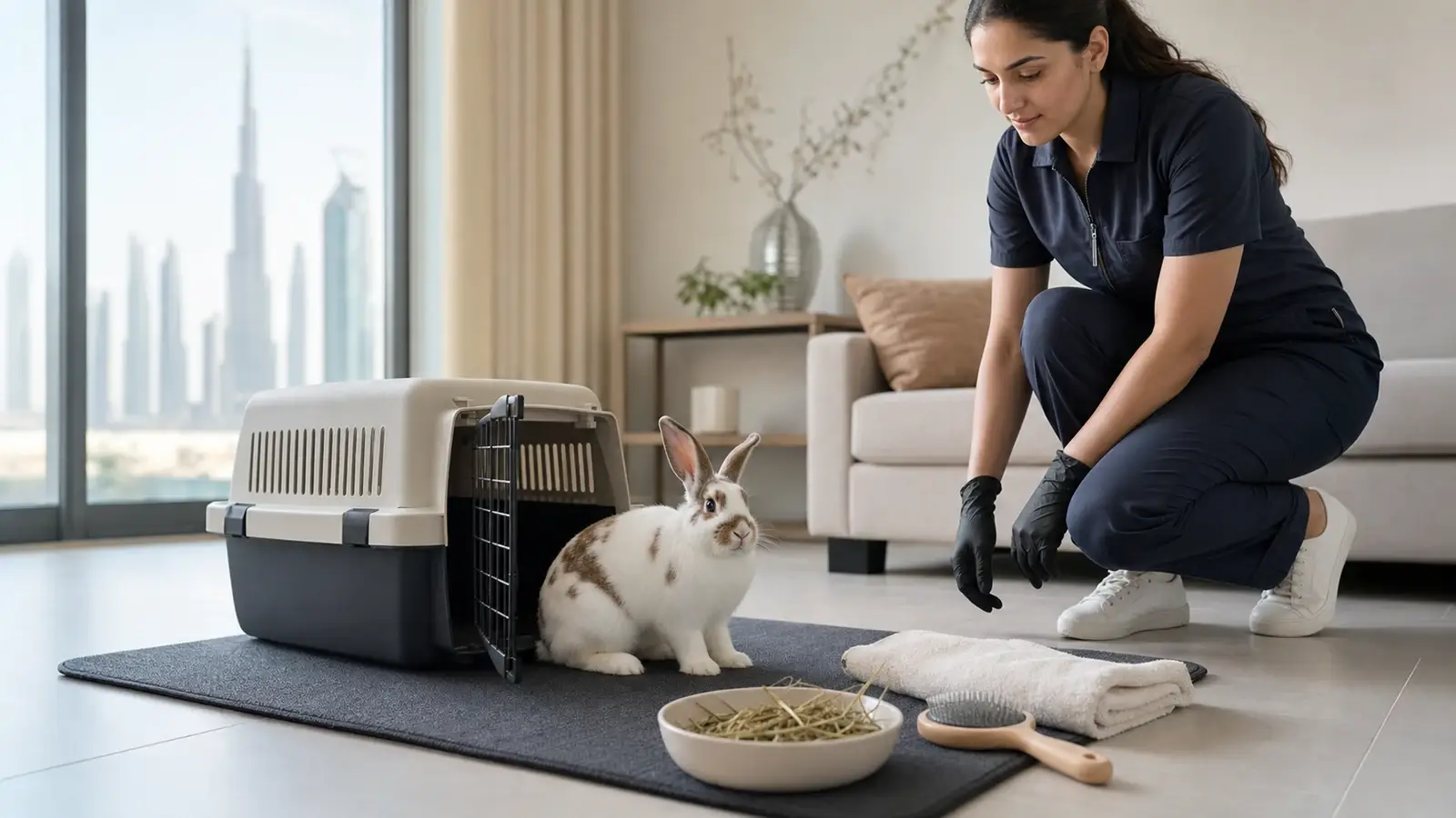 Rabbit during a calm professional mobile grooming assessment in Dubai.
