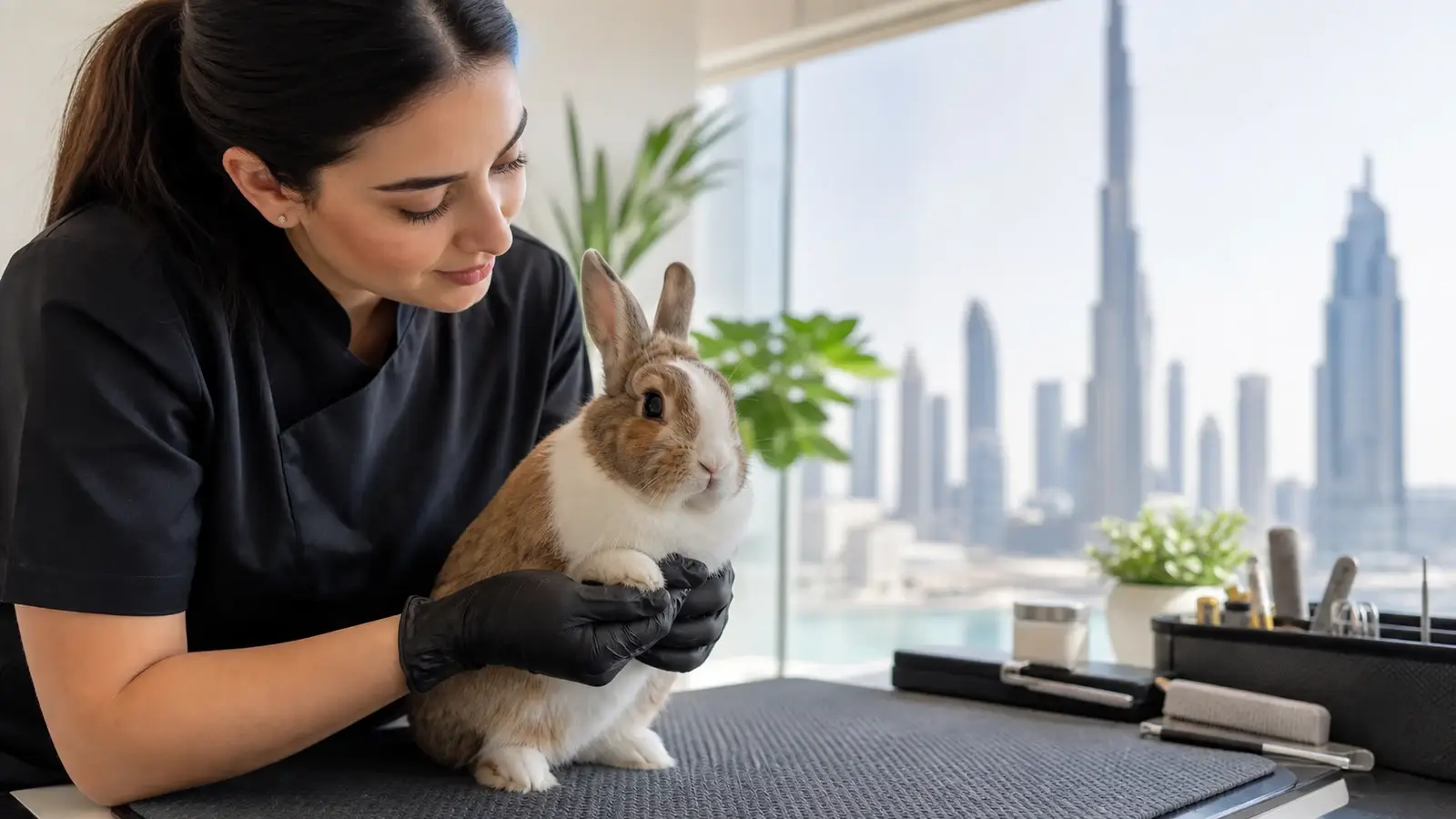 Rabbit during a calm professional mobile grooming assessment in Dubai.