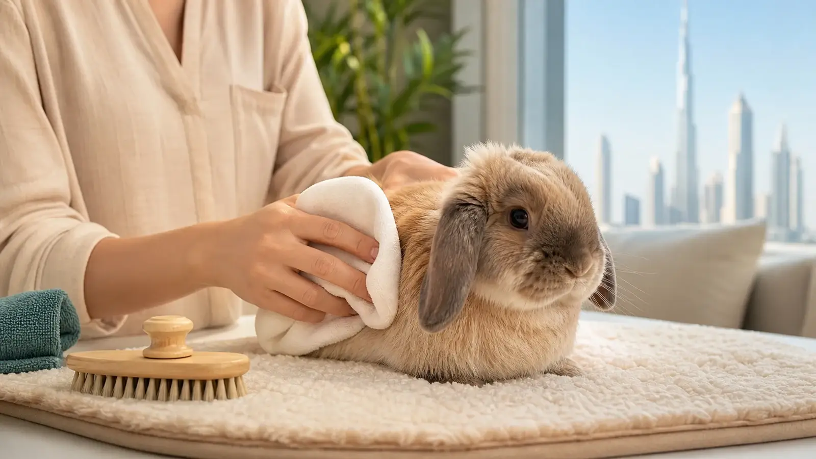 Rabbit during a calm professional mobile grooming assessment in Dubai.
