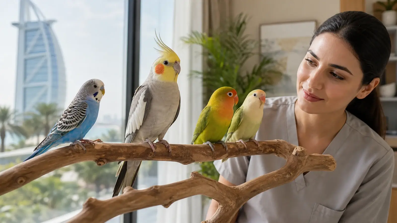 Small pet birds during a calm professional mobile grooming assessment in Dubai.