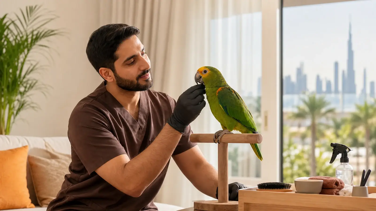 Pet bird during a calm professional mobile grooming assessment in Dubai.