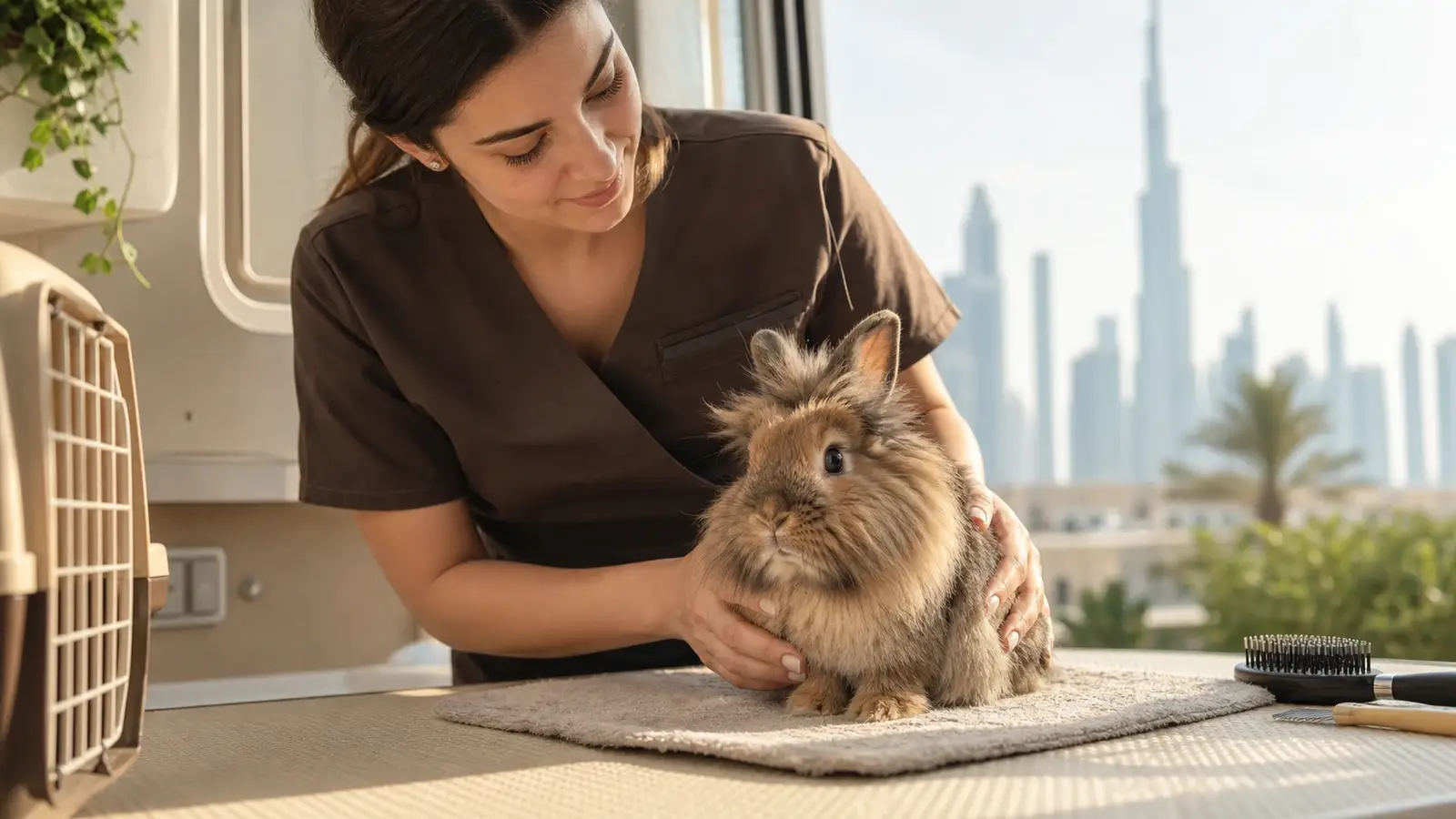 Rabbit during a calm professional mobile grooming assessment in Dubai.